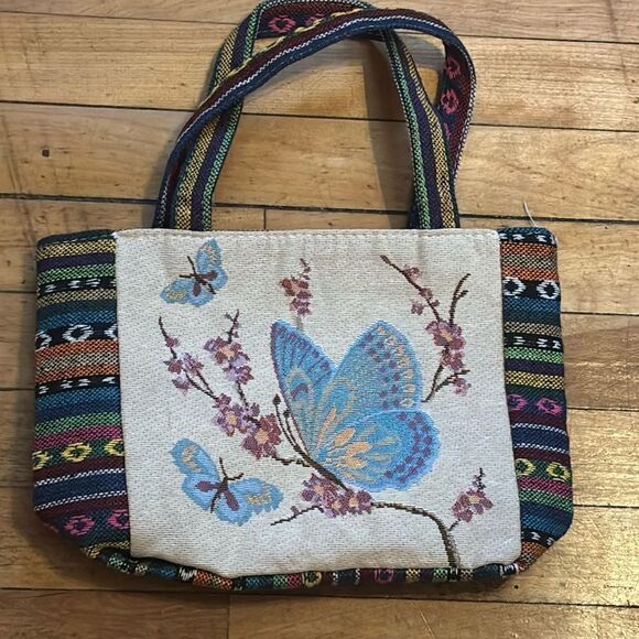Embroidered Butterfly Canvas Hand Bag Tote Shaped Purse with Colorful Panels - Picture 1 of 6